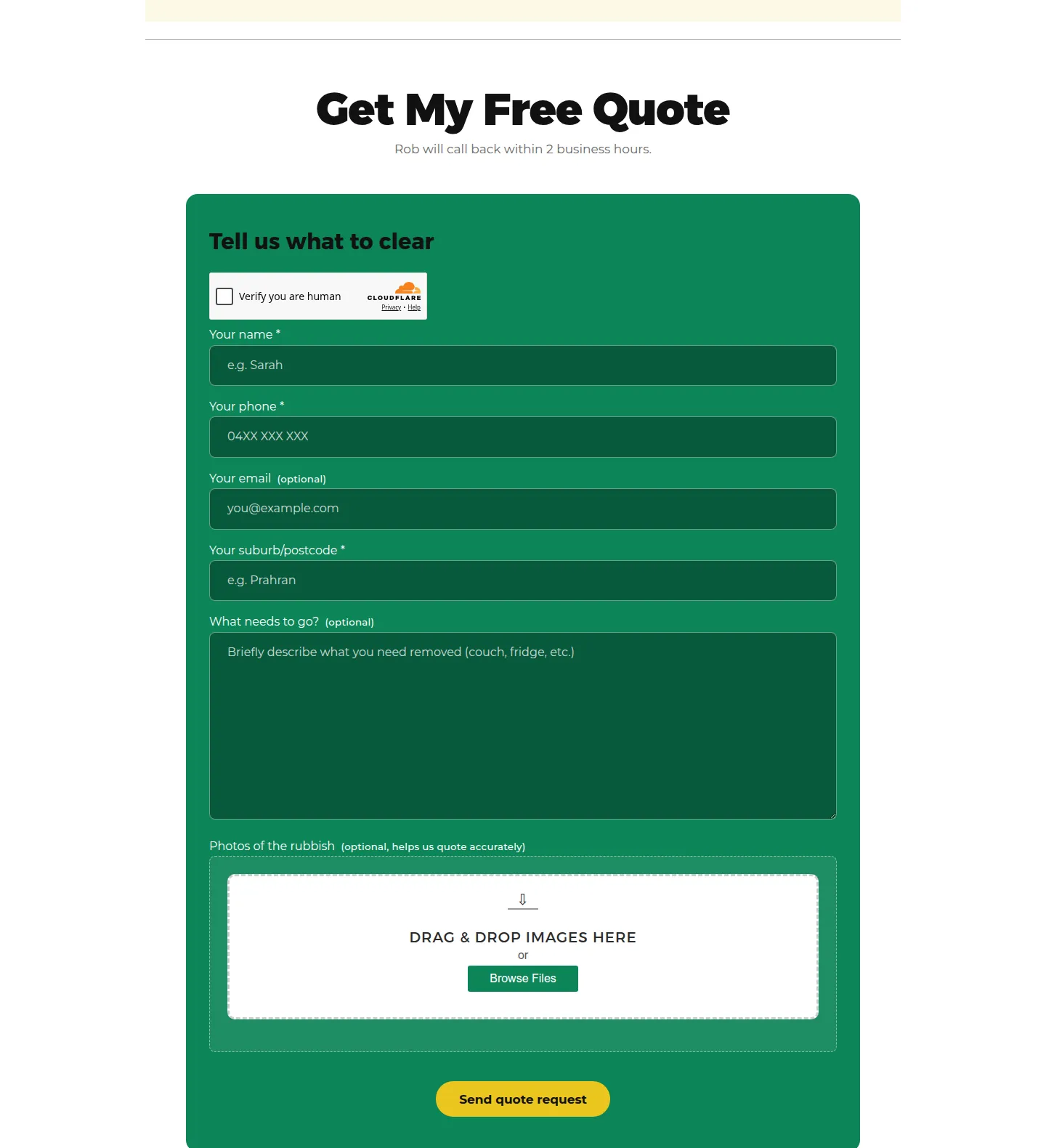 The quote form: name, phone, email, suburb, a free-text field and a
drag-and-drop photo upload, with a Cloudflare human check at the
top