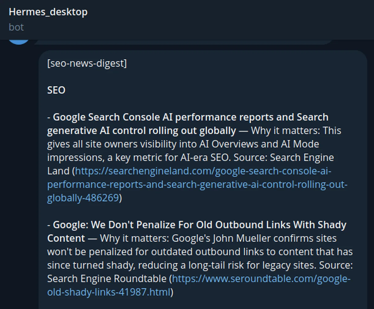 A Telegram message headed seo-news-digest, with an SEO section and two items, each a headline, a why it matters line and a link to the source
