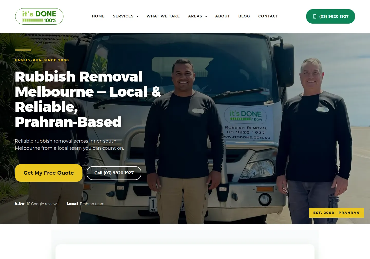 The rebuilt itsdone.com.au homepage: a single offer, a phone number and a quote button above the fold